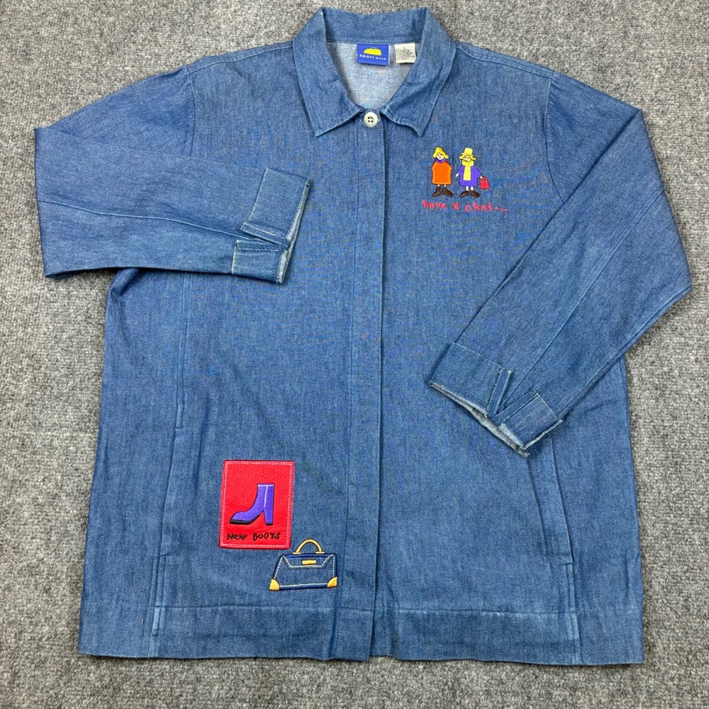 Sport Elle Denim Chore Jacket Blue Cotton Embroidered Patchwork Size Large y2k